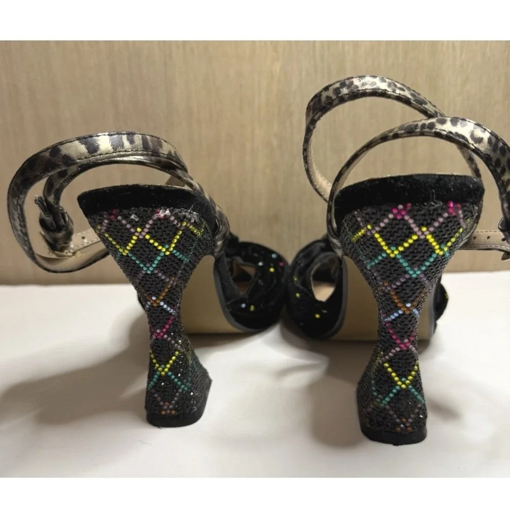 Betsey Johnson Alianna Black Velvet Rhinestone Bow Flared Heel Sandals 8M